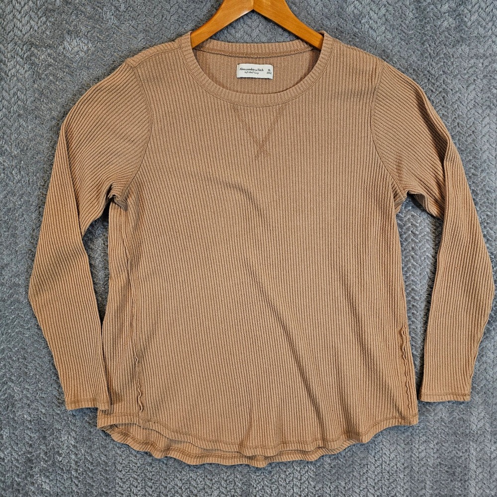 Abercrombie &‎ Fitch Soft A&F Cozy Ribbed Long Sleeve Top Tan Brown XL Womens
